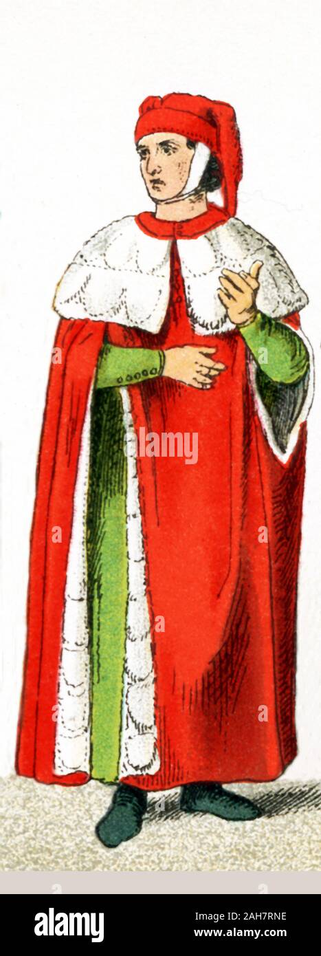 The figure in this image is an Italian man of rank from the A.D. 1300s. The illustration dates to 1882. Stock Photo