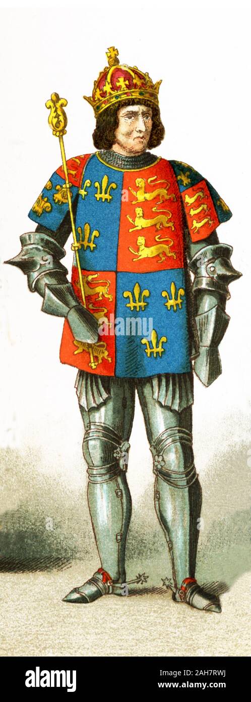 This illustration shows English king Richard III (1483-1485). He was the brother of Edward IV. After gaining control of his nephew, Edward V, he had himself named king. Edward was murdered in the Tower in 1483. Rebellion followed, bringing Earl of Richmond to England in 1485. Richard killed at Bosworth Field. His death, the last Yorkist king, ended the Wars of the Roses. Richard was subject of Shakespeare's Richard III. The illustration dates to 1882. Stock Photo