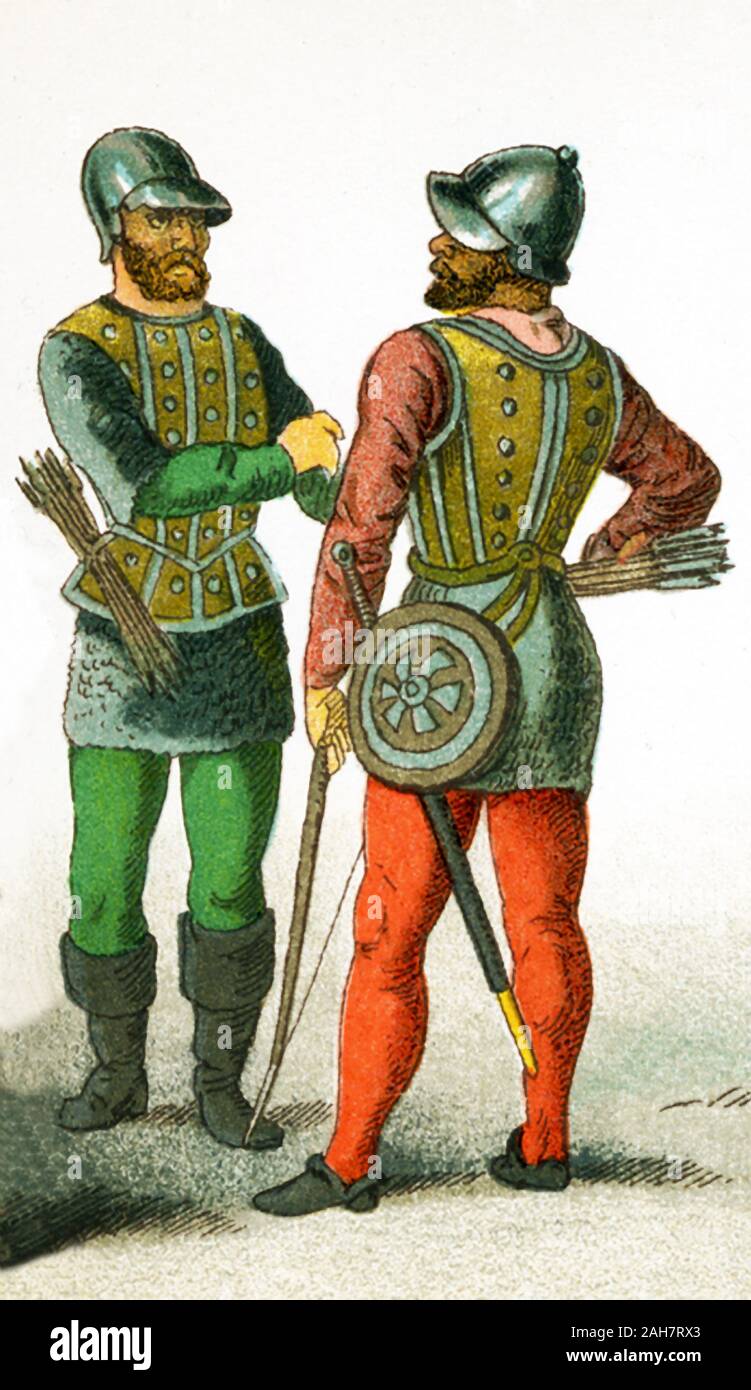 The image shows two British soldiers between 1450 and 1500. The illustration dates to 1882. Stock Photo
