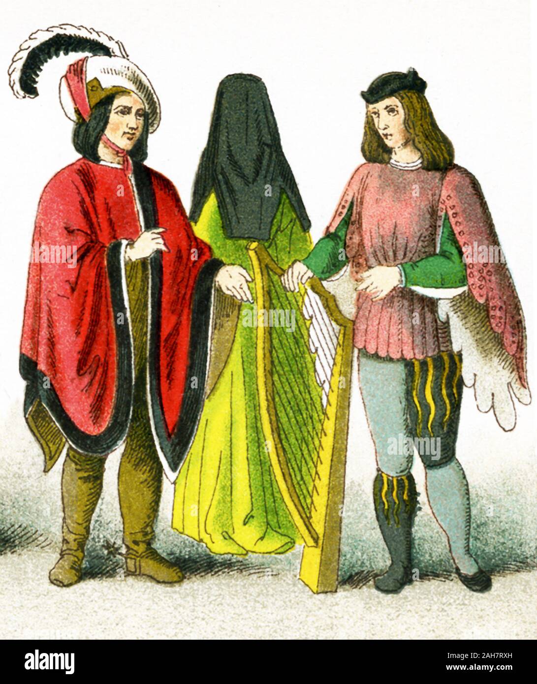 The image shows British costume between 1450 and 1500. The figures represent, from left to right: a male citizen, a female citizen, and a minstrel. The illustration dates to 1882. Stock Photo