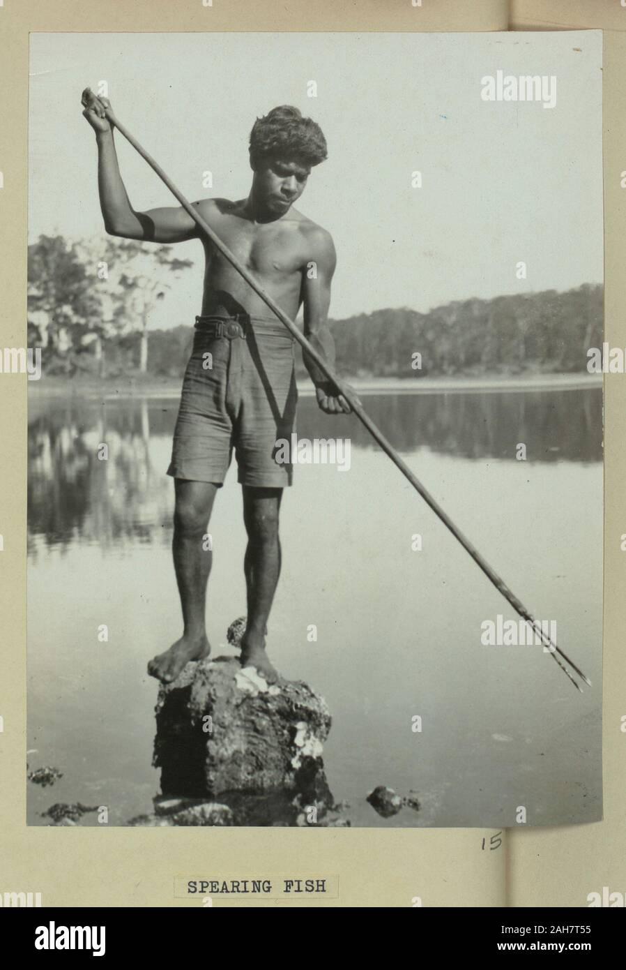 Retro Tropical Native Man Spear Fishing Stock Vector (Royalty Free