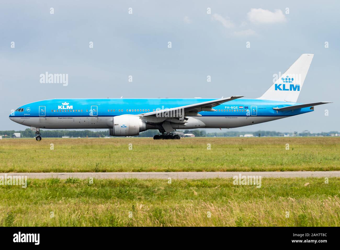 A Boeing 777 passenger aircraft of KLM Royal Dutch Airlines at the Amsterdam Airport Schiphol. Stock Photo
