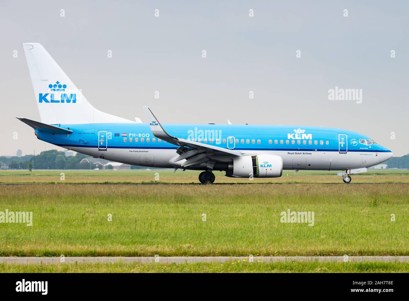 A Boeing 737 passenger aircraft of KLM Royal Dutch Airlines at the Amsterdam Airport Schiphol. Stock Photo