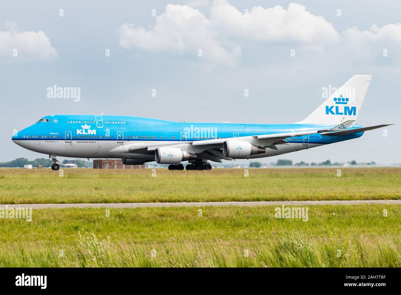 A Boeing 747 passenger aircraft of KLM Royal Dutch Airlines at the Amsterdam Airport Schiphol. Stock Photo
