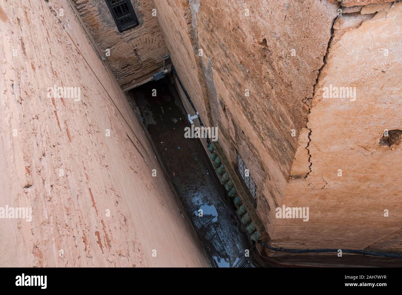 Bird view of a Narrow alley in the Medina of Marrakech, Morocco. Stock Photo