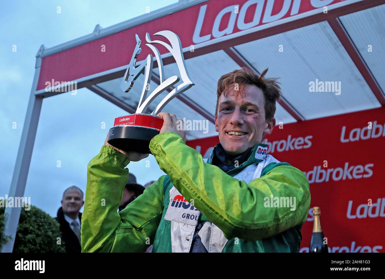 Jockey Sam Twiston-Davies after winning the Ladbrokes King George VI Chase onboard Clan Des Obeaux during day one of the Winter Festival at Kempton Park Racecourse. Stock Photo