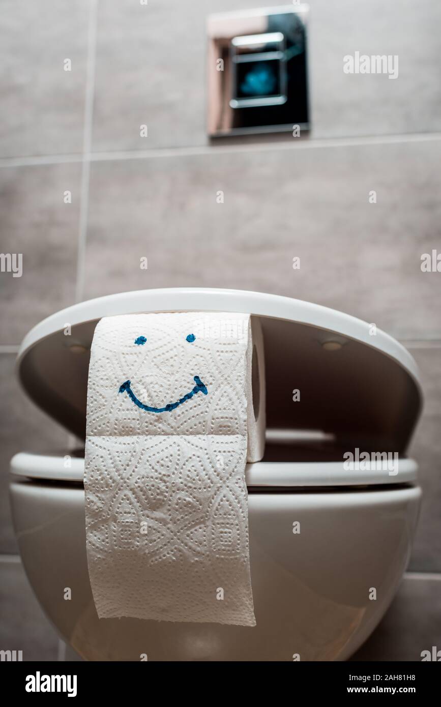close up view of ceramic clean toilet bowl and toilet paper with smiley ...