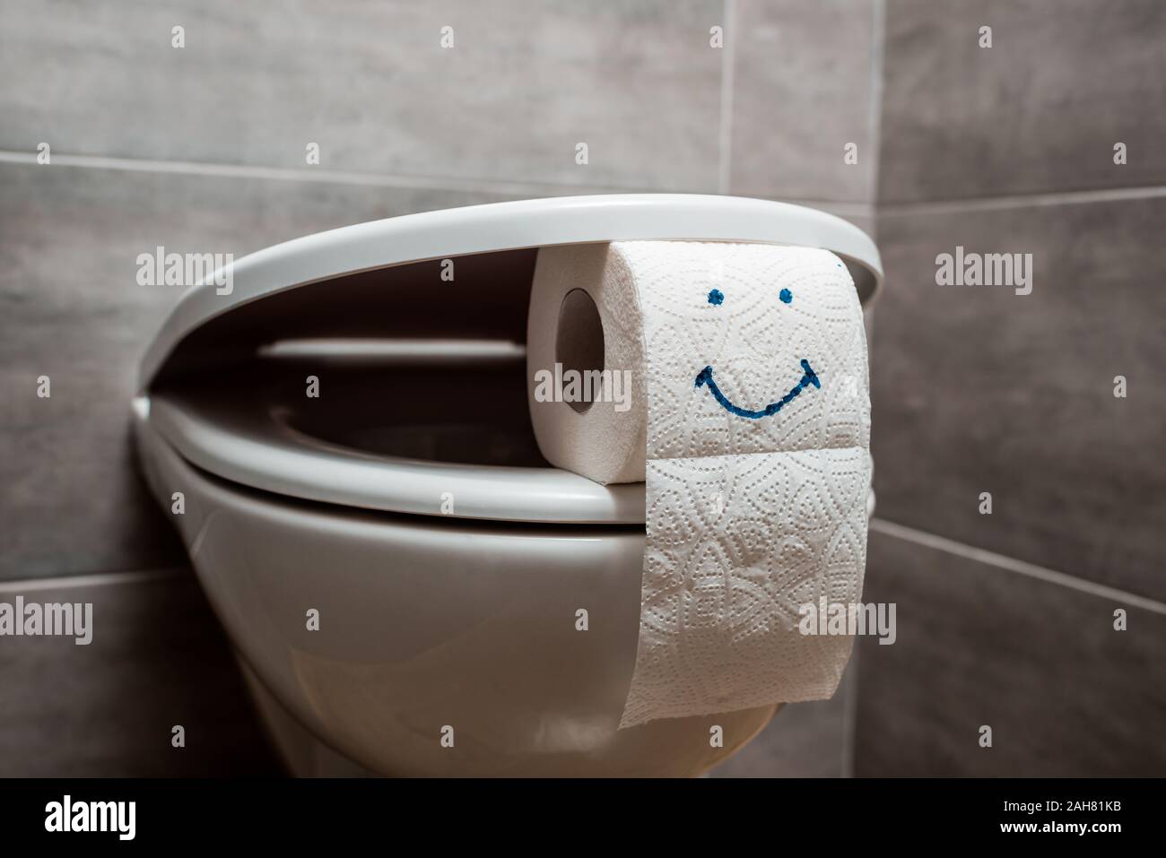 close up view of ceramic clean toilet bowl and toilet paper with smiley ...