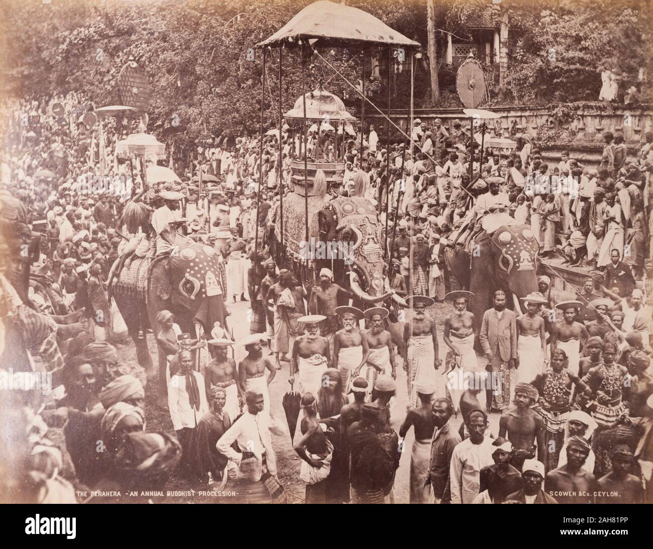CeylonSri Lanka, Crowds of people pack the streets at an annual Buddhist perahera (procession) in Kandy in honour of the Sacred Relic of the Buddha's Tooth. The procession is headed by three decorated elephants. Printed caption: THE PERAHERA - AN ANNUAL BUDDHIST PROCESSION -SCOWEN & Co. CEYLON.Contemporary manuscript caption: The Perahera an annual Buddlhist Procession Ceylon, circa 1885. 2003/071/1/1/2/8. Stock Photo