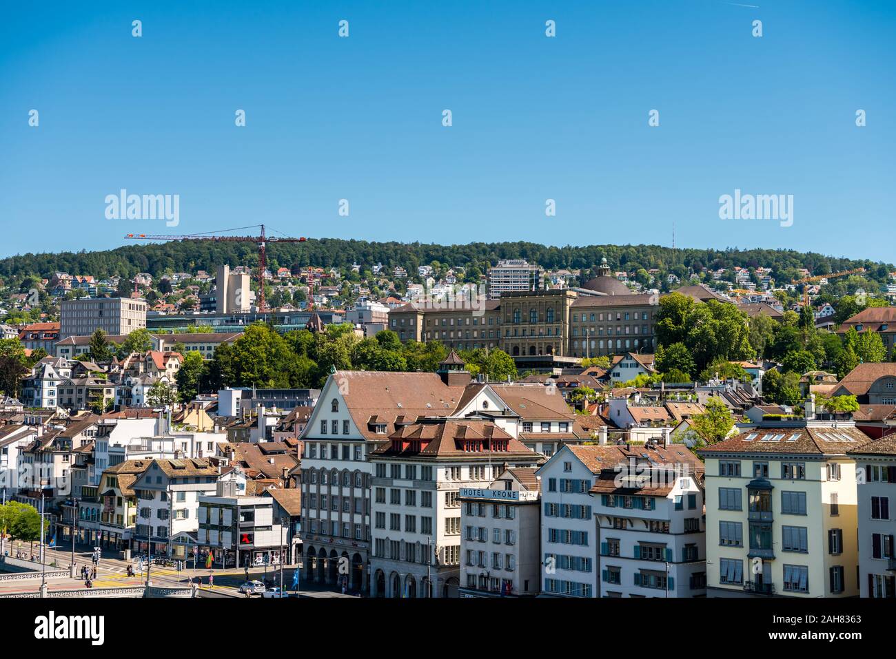 View of the historic center of Zurich at the bank of Limmat River, with ...