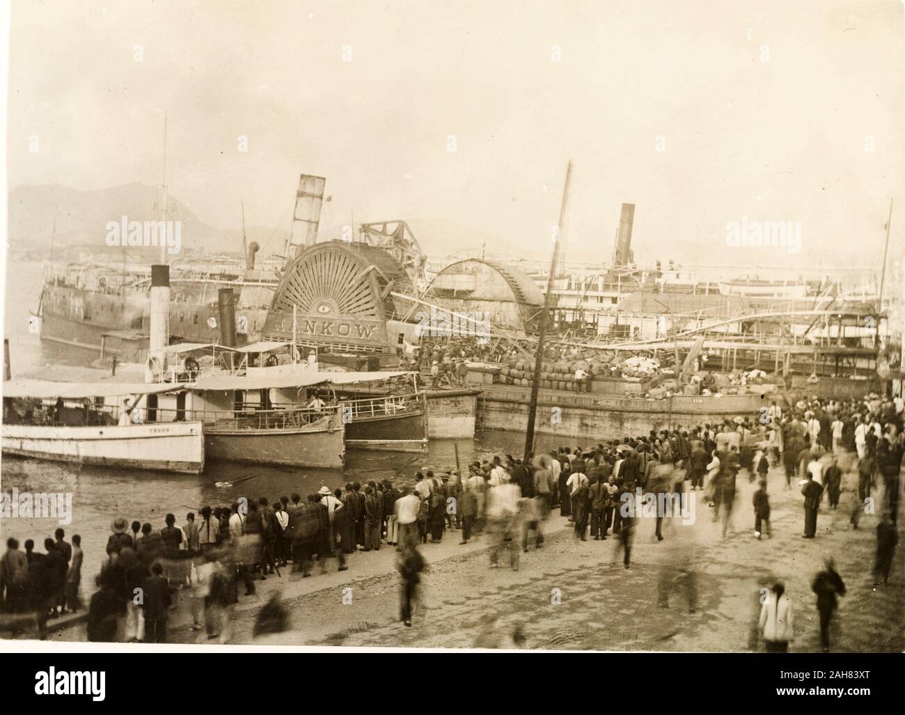 Hong KongChina, SS Hankow, a Hong Kong paddle steamer, pictured in harbour shortly after a fire gutted her interior, claiming 100 lives. Original manuscript caption: Hong Kong 14-10-06. S.S. Hankow after disasterous fire on board. Note eye on paddle box, 1906. 1998/028/1/1/122. Stock Photo