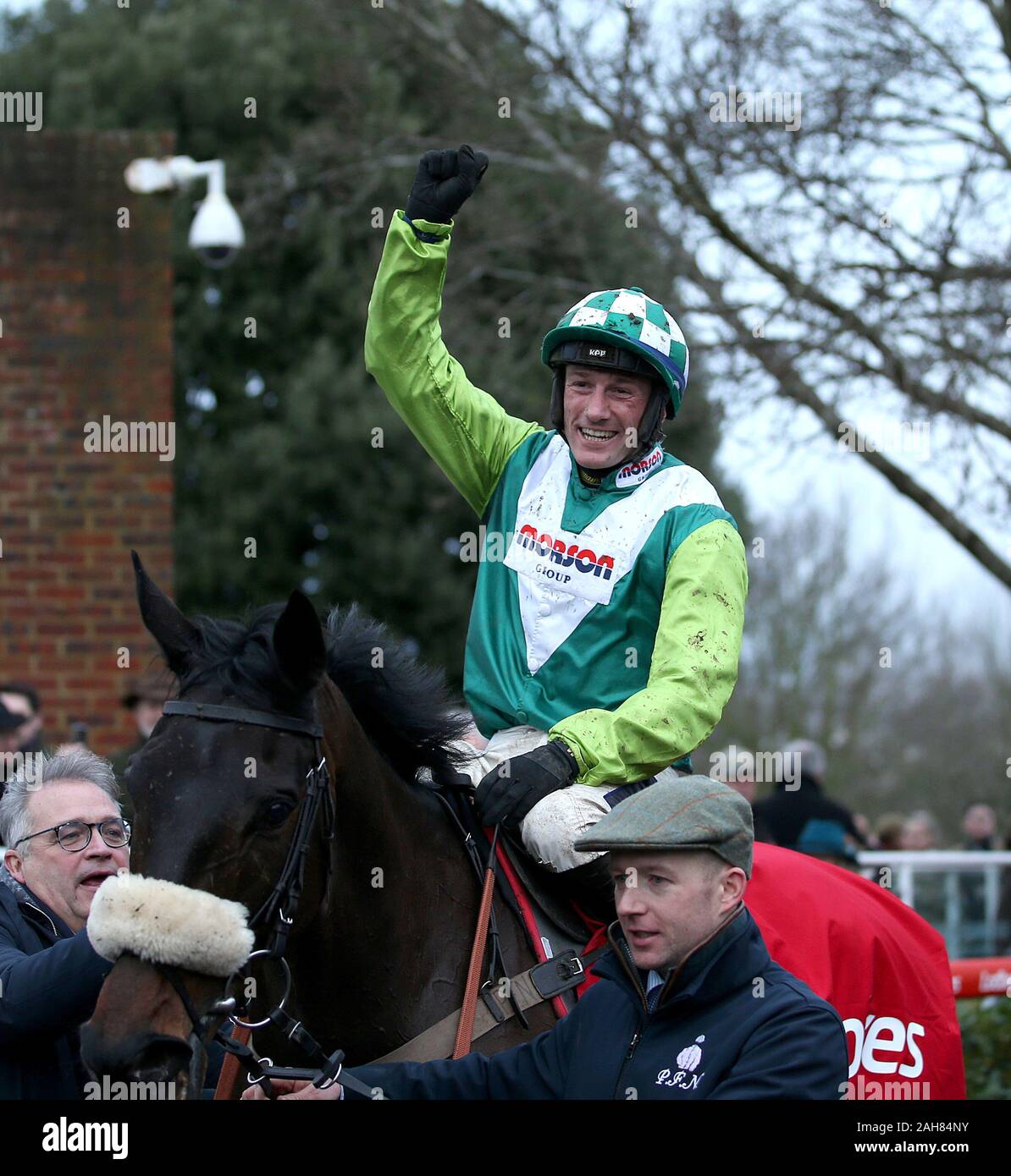 Clan Des Obeaux ridden by jockey Sam Twiston-Davies after wining the Ladbrokes King George VI Chase during day one of the Winter Festival at Kempton Park Racecourse. Stock Photo