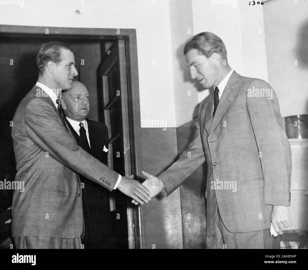 Kenya, The Duke of Edinburgh on the left of the photograph is greeted by a man on the right of the picture, Dr. Gratton, February 1952. 2001/090/1/4/1/43. Stock Photo