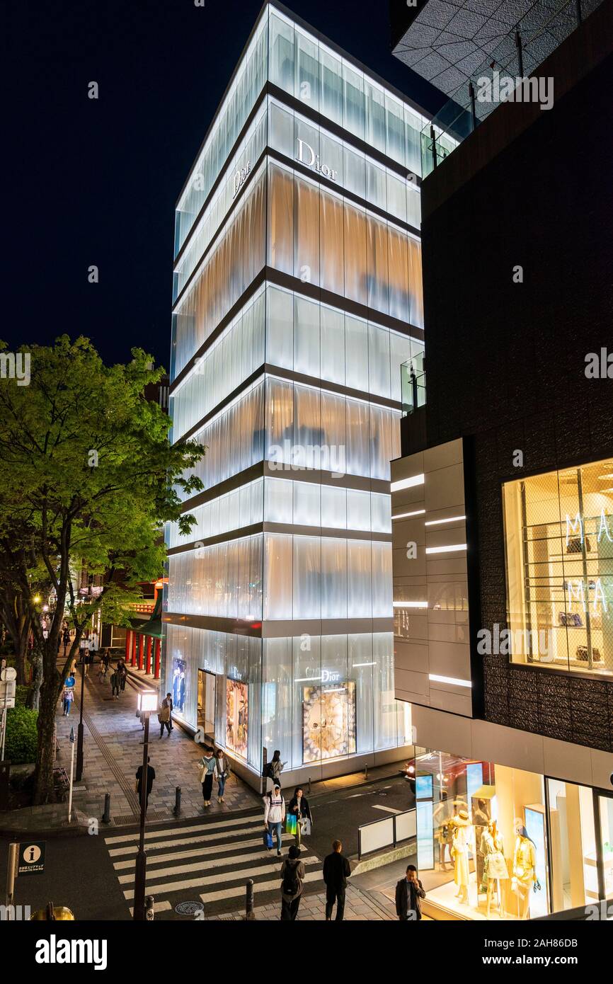 Dior Building at Omotesando, Tokyo, illuminated at night. Designed