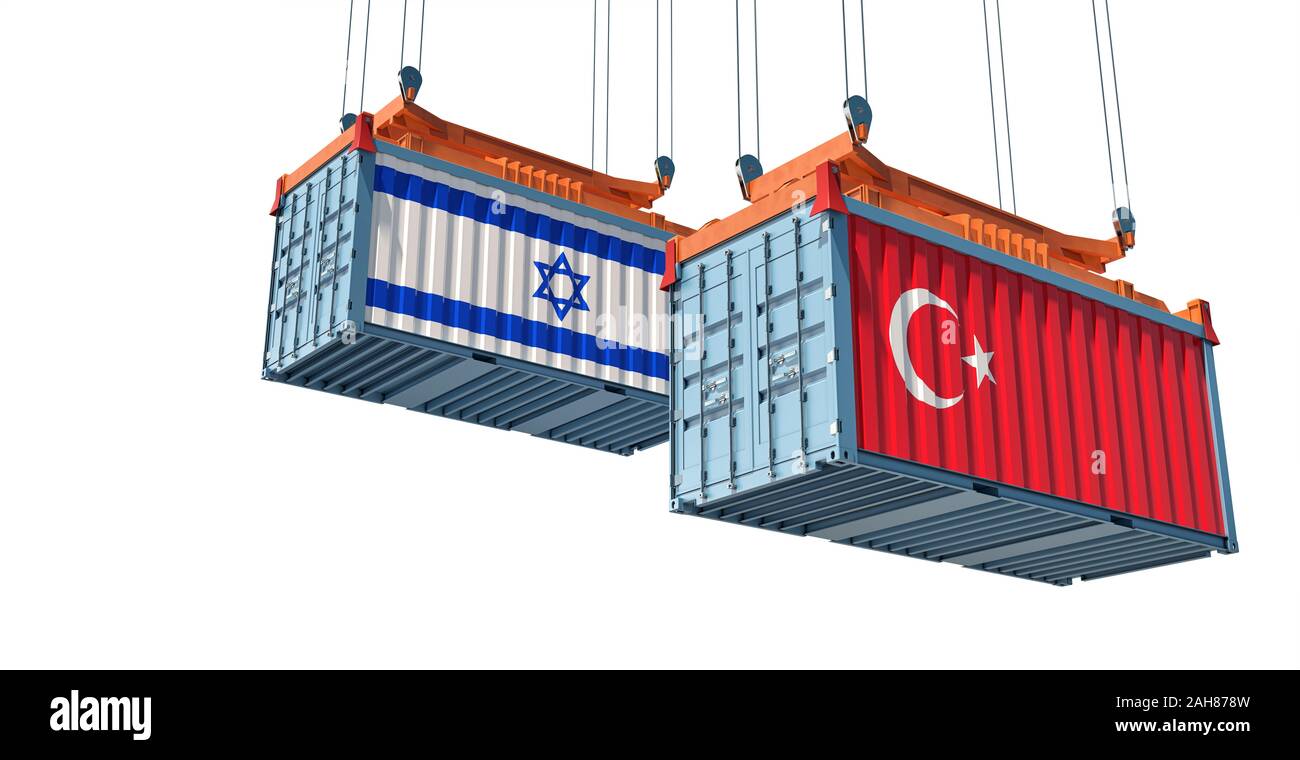 Freight container with Israel and Turkey national flag. 3D Rendering Stock Photo