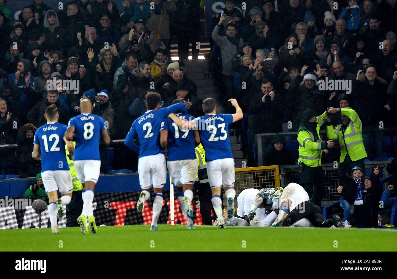 Everton Players Celebrate As Team Mate Dominic Calvert Lewin Scores Their Sides First Goal Of The Game During The Premier League Match At Goodison Park Liverpool Stock Photo Alamy