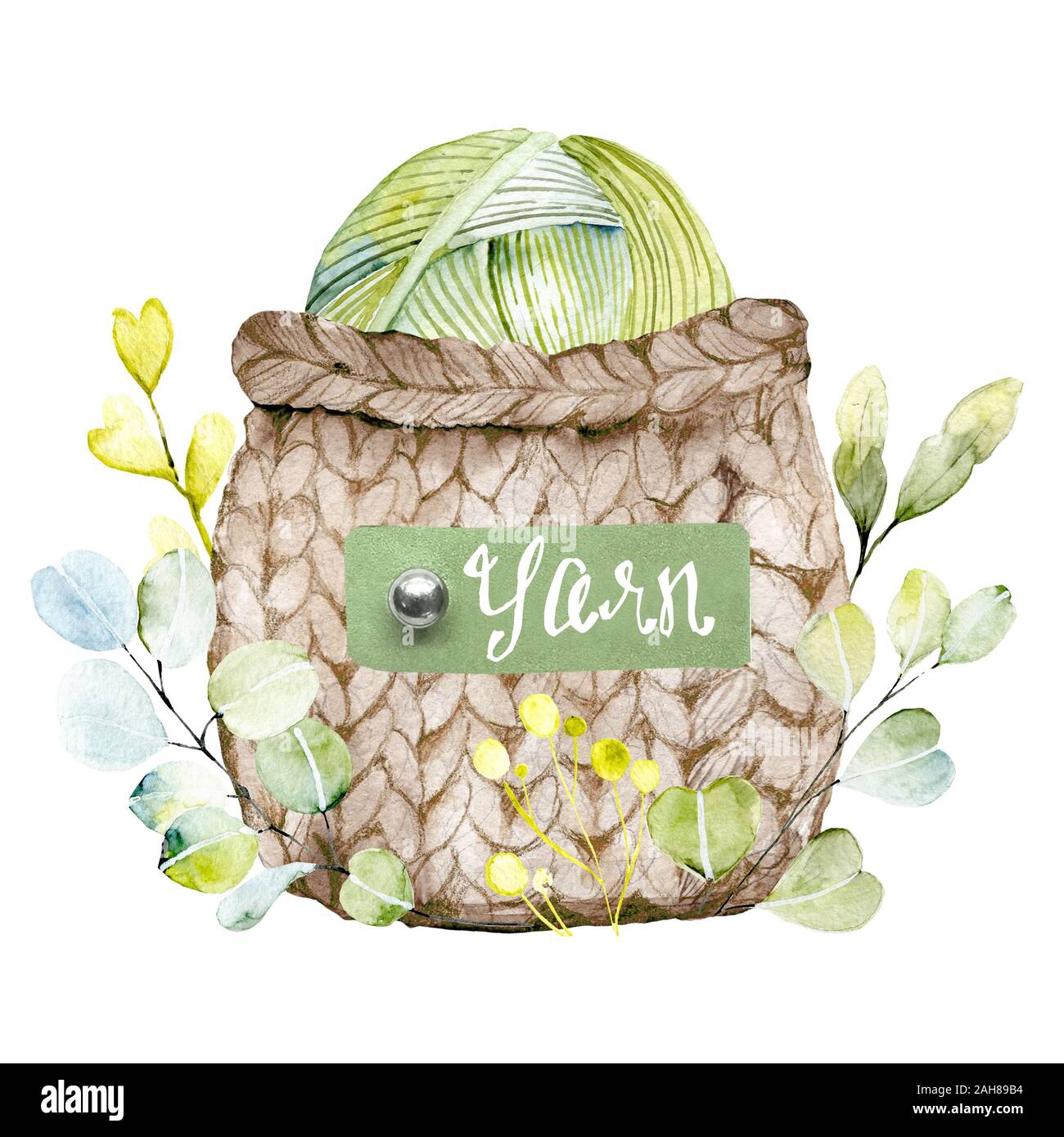 Knitting yarn ball in wicker basket with plants. Hand drawn watercolor ...