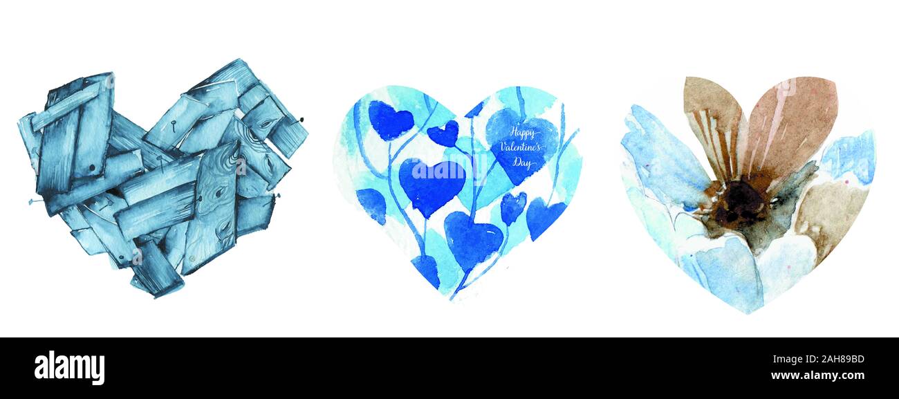 Valentine day watercolor blue hearts isolated on white background Stock ...