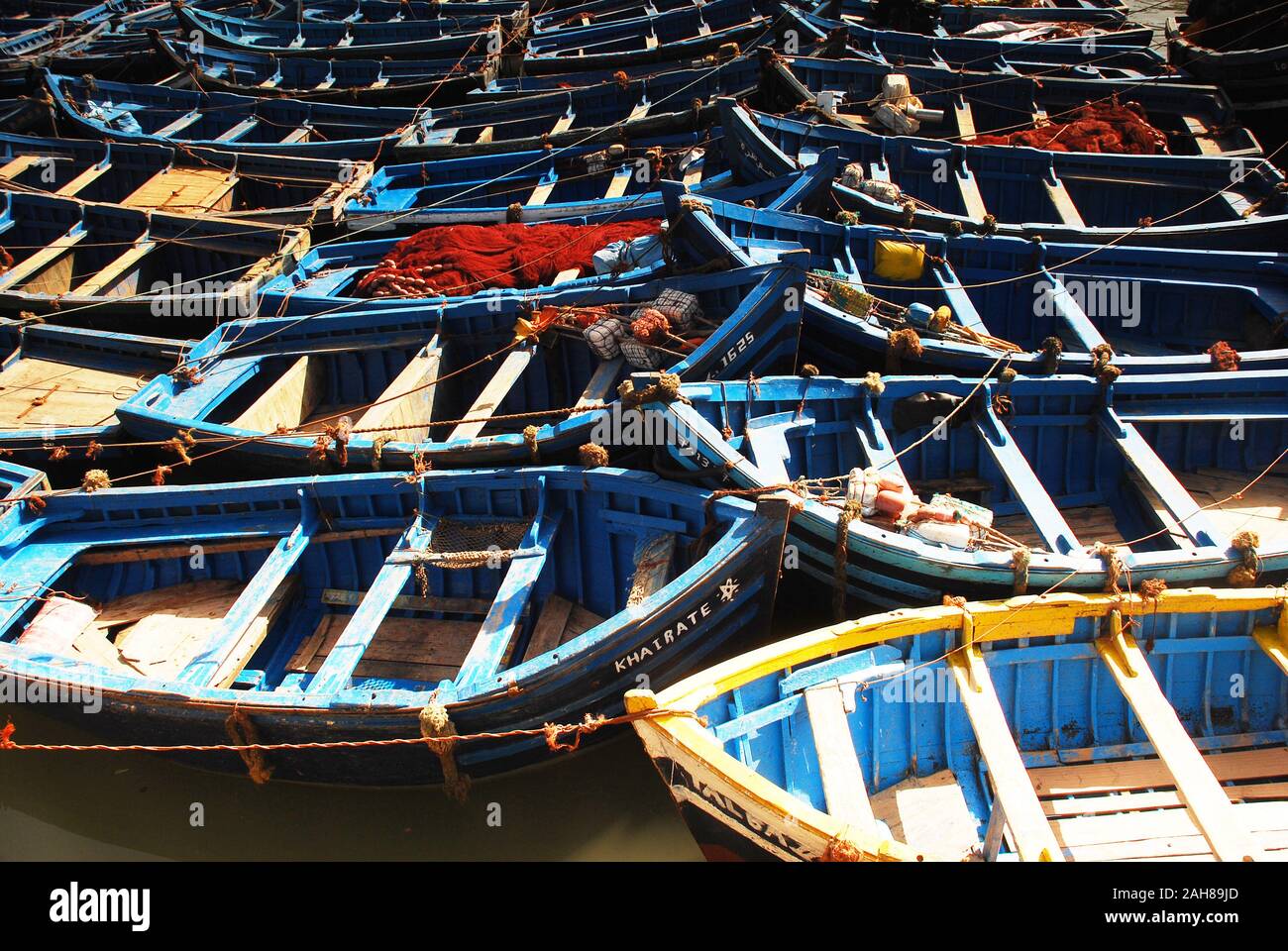 Brightly Painted, Coloured Fishing Boats in the Harbour at Essaouria, Morocco Stock Photo