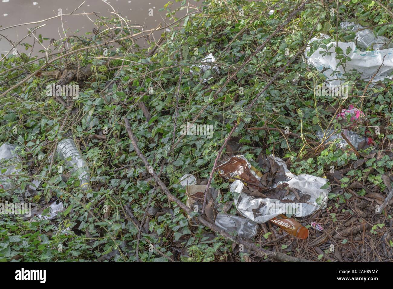 Pile of single use plastic food packaging littering a corner of the countryside. Many brands so RM editorial only. Polluted countryside UK. Stock Photo