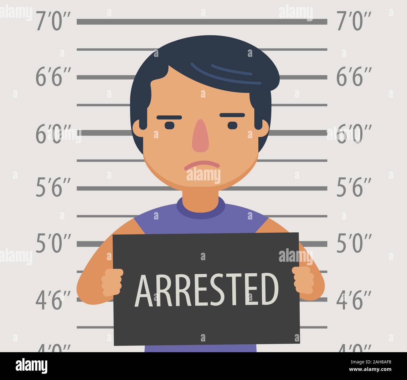 Photo of man arrested with sign in police station. Funny cartoon vector illustration Stock Vector