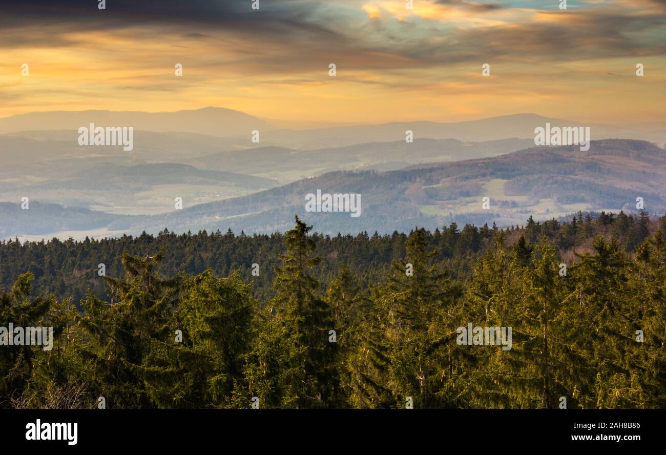 Sunset over Sumava Mountains, evening in Sumava National Park. Czech ...
