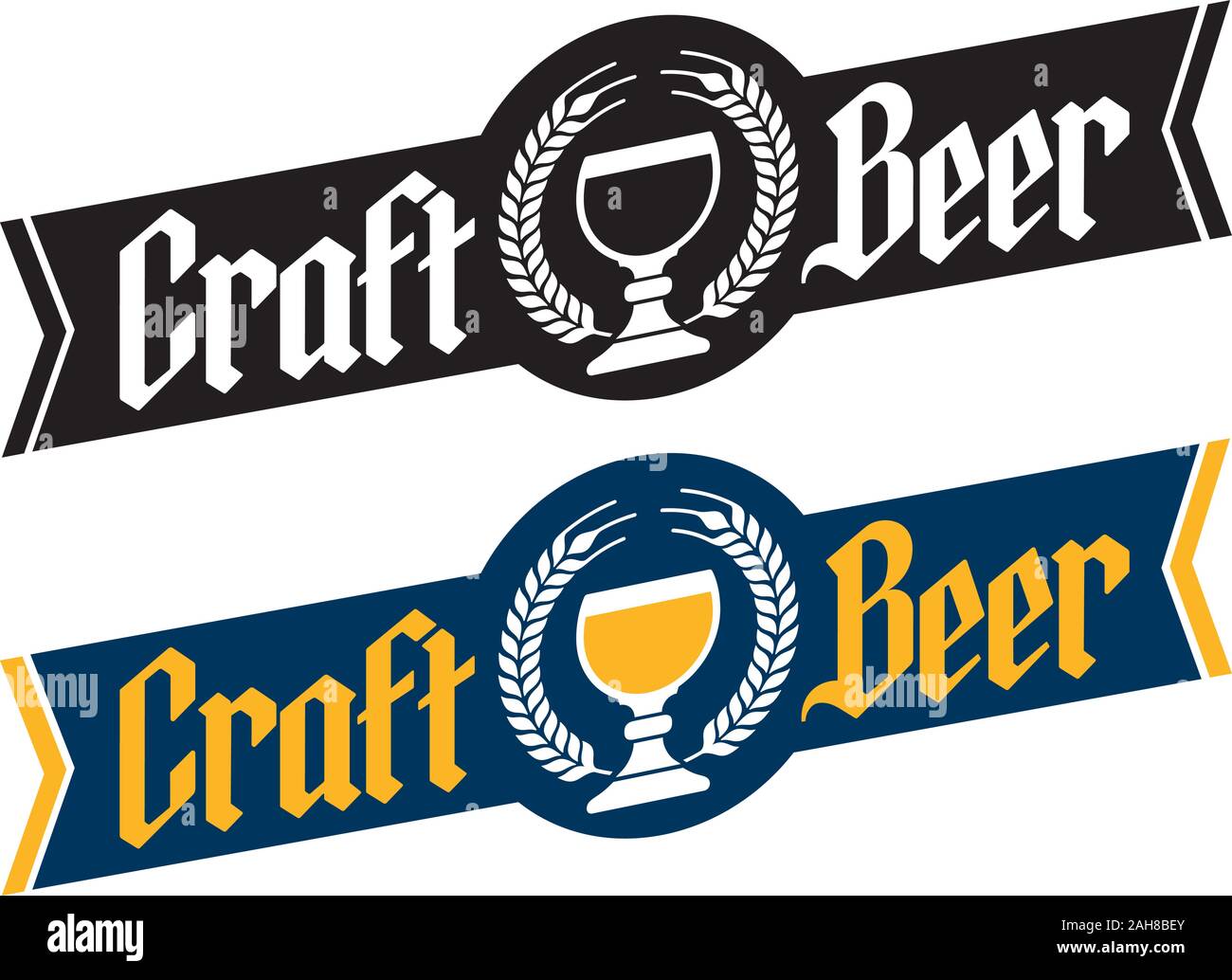 Craft Beer Banner Style Badge or Label with traditional Belgian goblet, barley wreath and gothic lettering. With black and white and color versions. Stock Vector