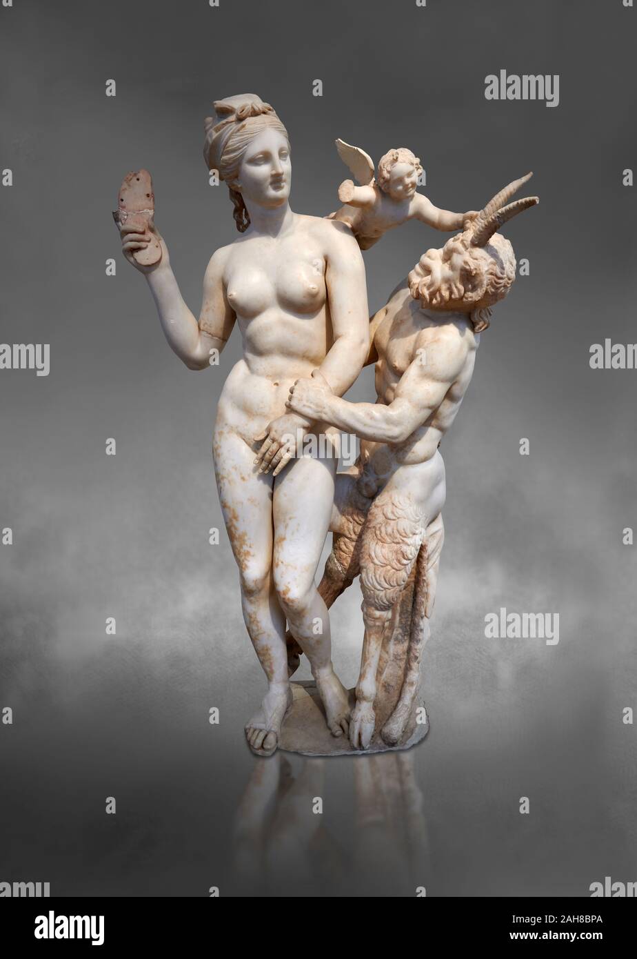 Hellenstic marble statue group of Aphrodite (Venus) with Pan and Eros, Circa 100 BC, House of Poseidonaistai of Beryttos, Delos, Athens National Archa Stock Photo