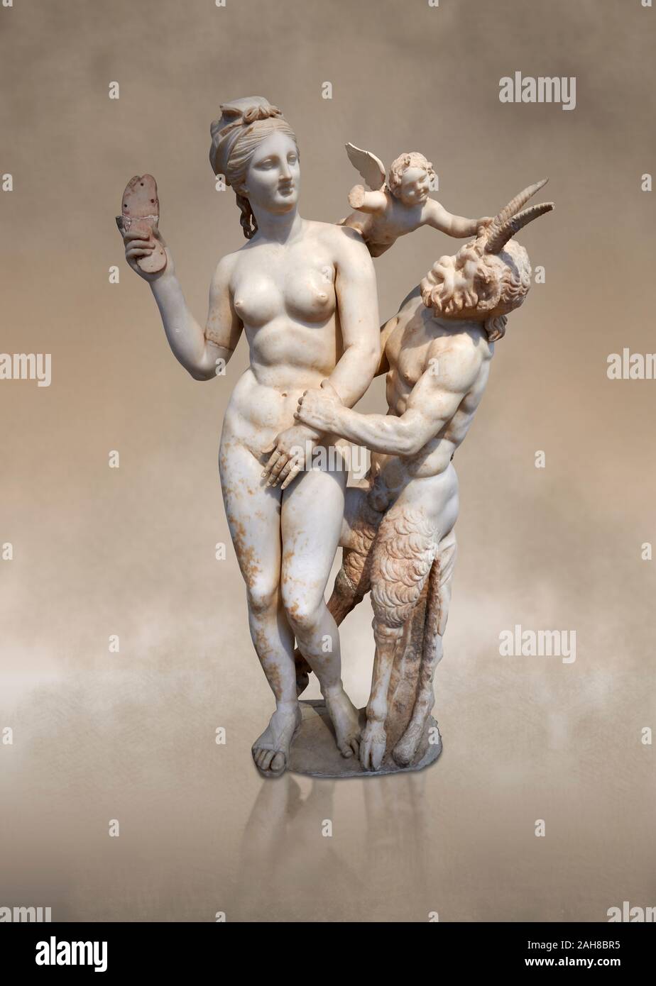 Hellenstic marble statue group of Aphrodite (Venus) with Pan and Eros, Circa 100 BC, House of Poseidonaistai of Beryttos, Delos, Athens National Archa Stock Photo