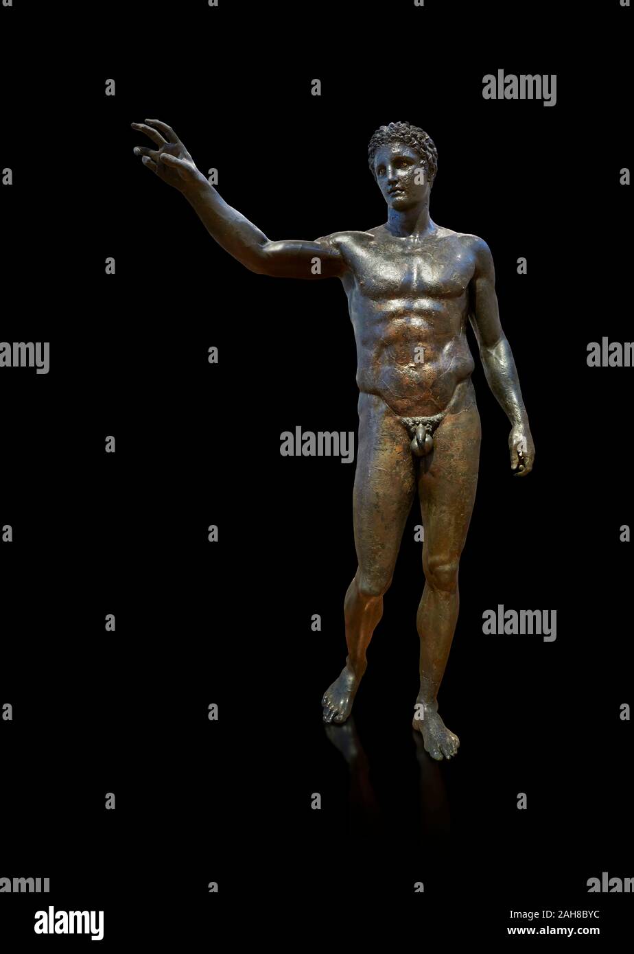 Bronze Greek classical statue of a youth by sculptor Euphranor. from the Antikythera shipwreck, Circa 340-330 BC, Athens Archaeological Museum Stock Photo