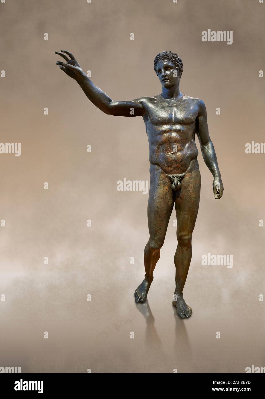 Bronze Greek classical statue of a youth by sculptor Euphranor. from the Antikythera shipwreck, Circa 340-330 BC, Athens Archaeological Museum Stock Photo
