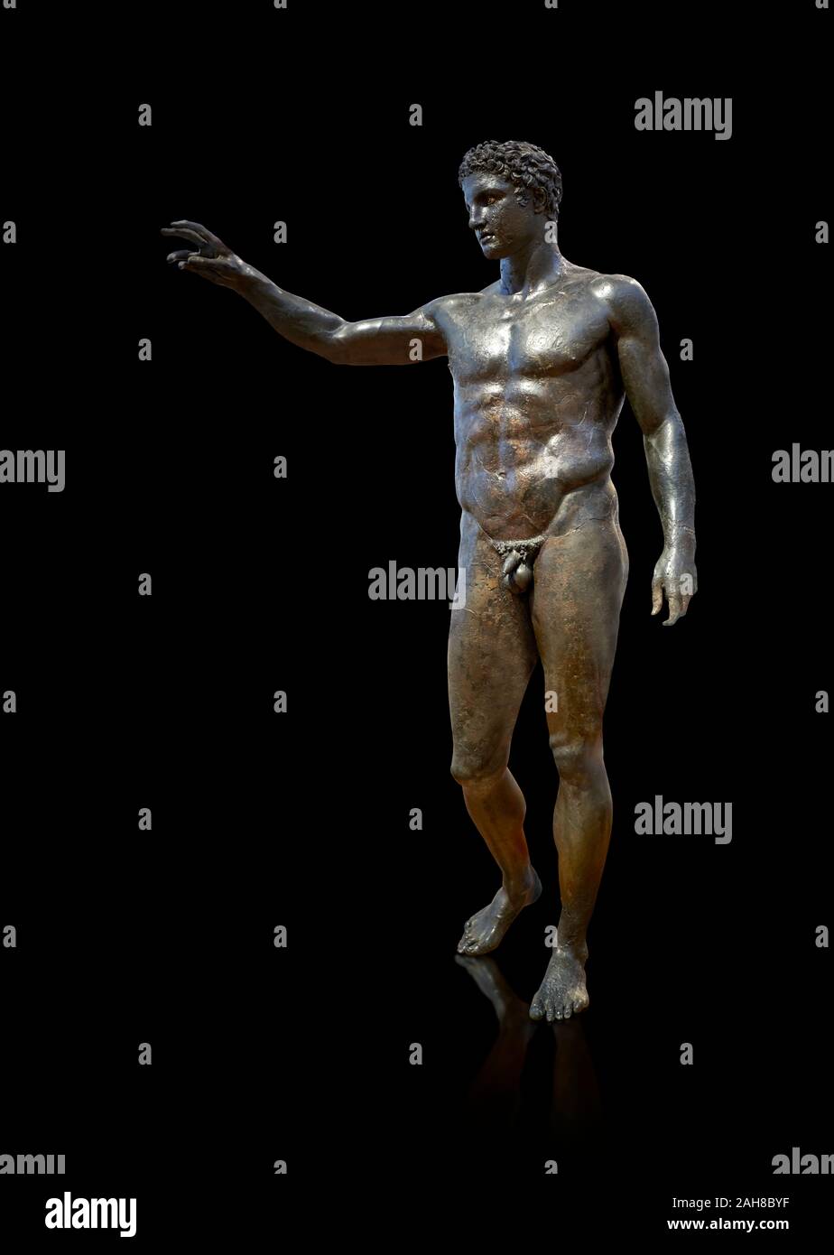 Bronze Greek classical statue of a youth by sculptor Euphranor. from the Antikythera shipwreck, Circa 340-330 BC, Athens Archaeological Museum Stock Photo