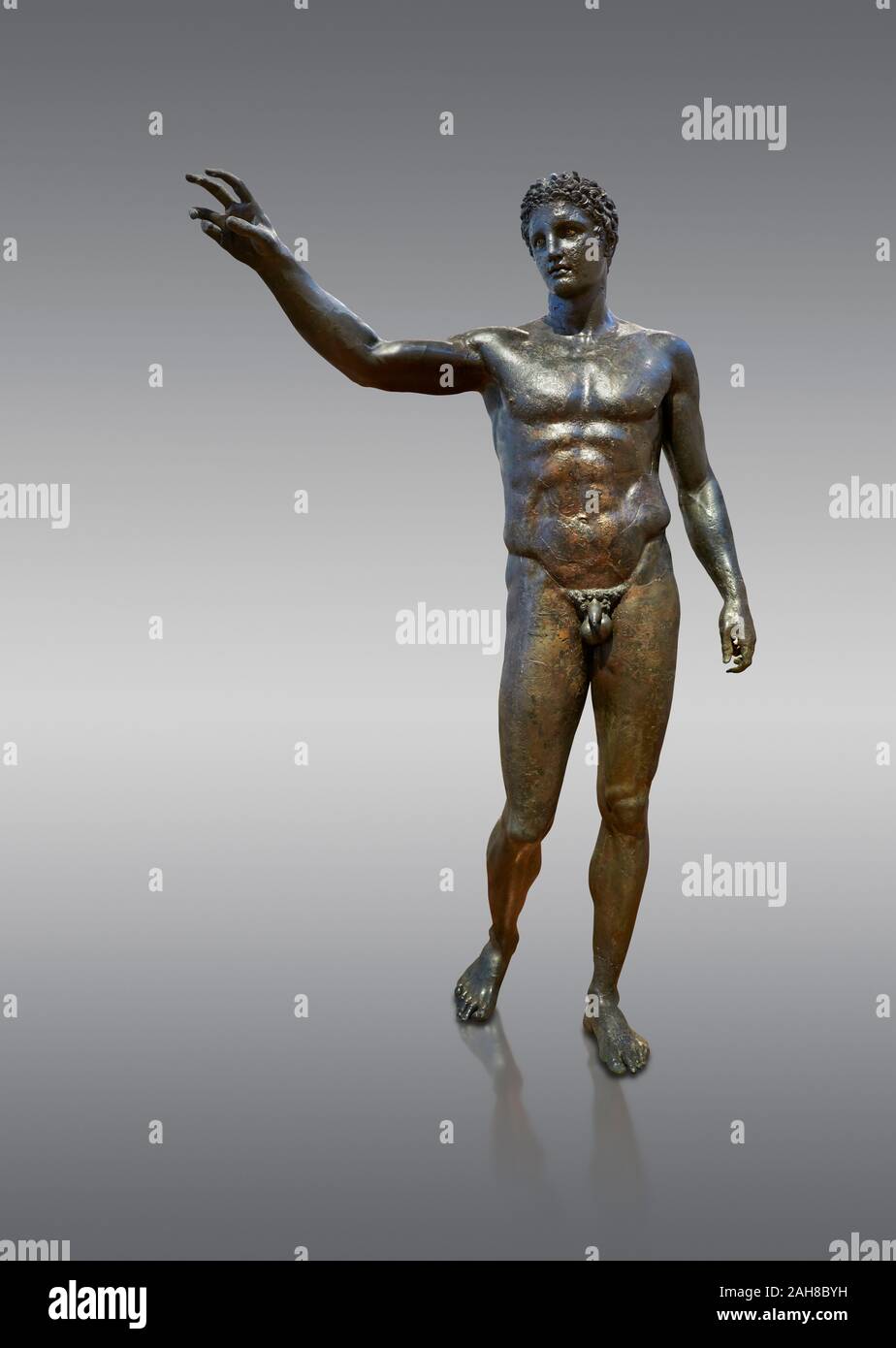 Bronze Greek classical statue of a youth by sculptor Euphranor. from the Antikythera shipwreck, Circa 340-330 BC, Athens Archaeological Museum Stock Photo