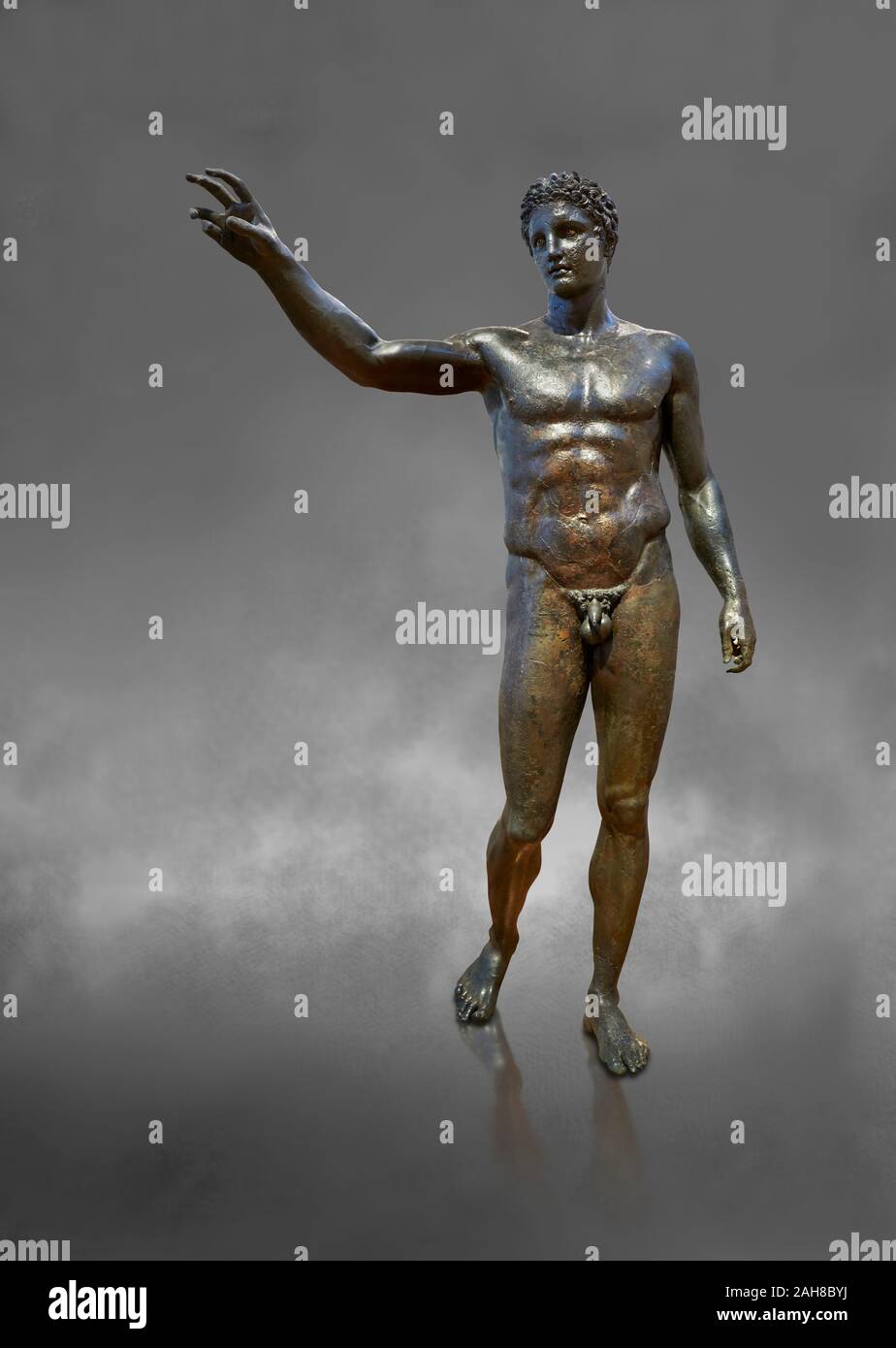 Bronze Greek classical statue of a youth by sculptor Euphranor. from the Antikythera shipwreck, Circa 340-330 BC, Athens Archaeological Museum Stock Photo