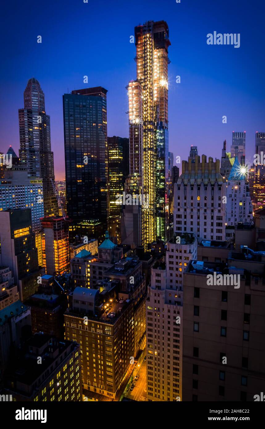 Wide angle night shot of the skyscrapers in downtown Manhattan, as seen from above Stock Photo