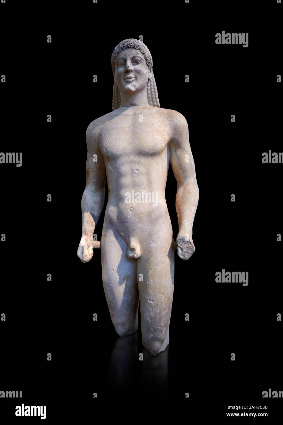 Marble Anxcient Greek Archaic meble statue of a kouros, circa 500 BC, Athens National Archaeological Museum.   Against black Stock Photo