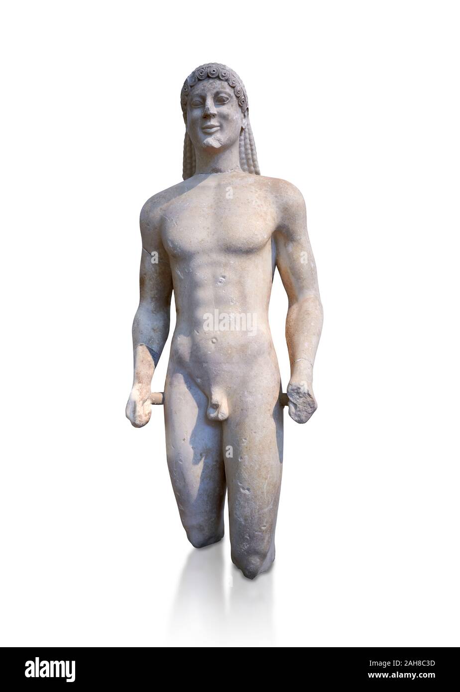 Marble Anxcient Greek Archaic meble statue of a kouros, circa 500 BC, Athens National Archaeological Museum.  Against white. Stock Photo