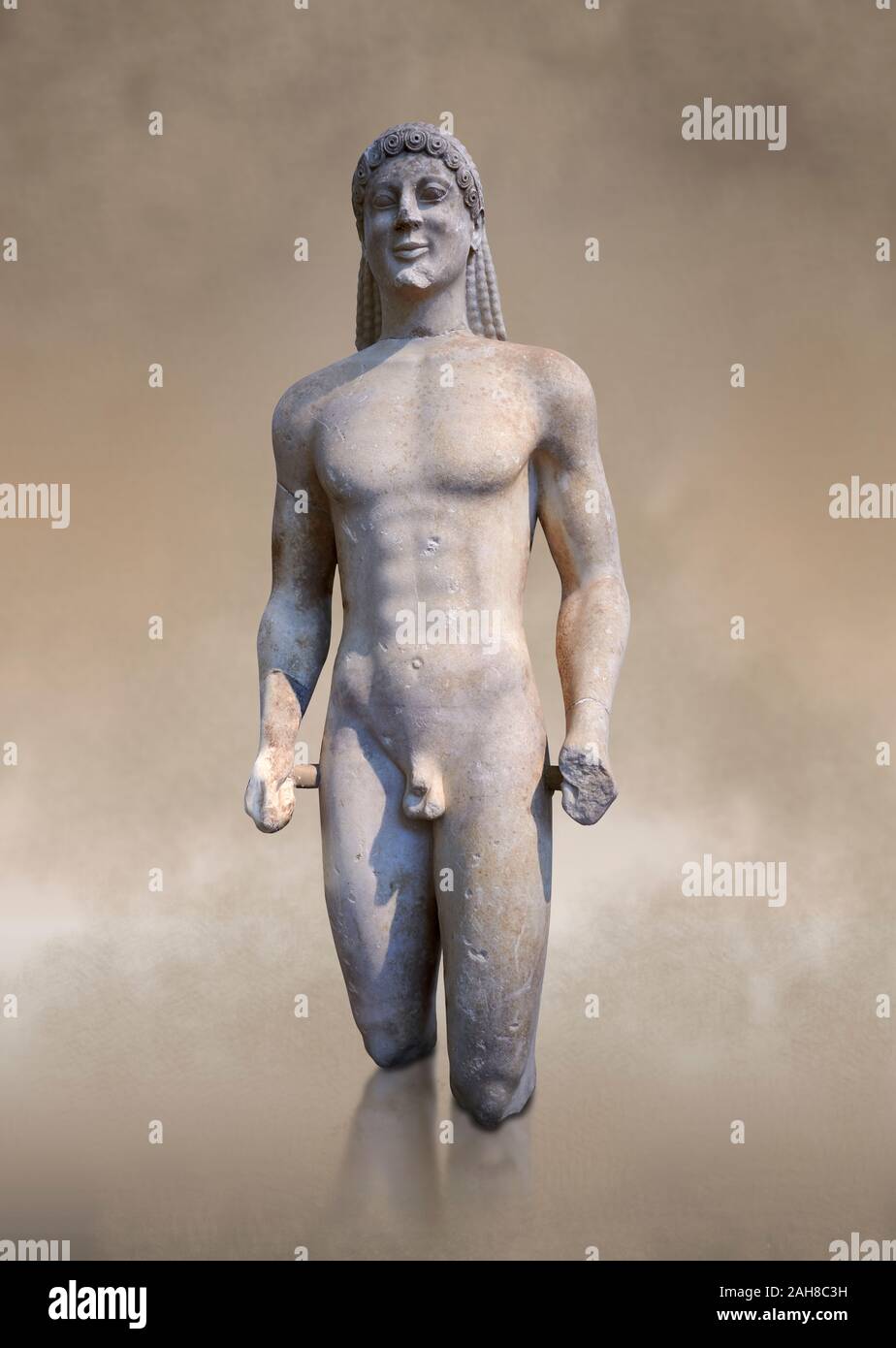 Marble Anxcient Greek Archaic meble statue of a kouros, circa 500 BC, Athens National Archaeological Museum. Stock Photo