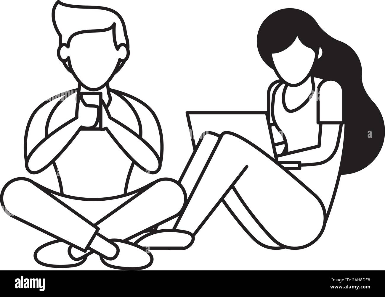 young couple using smartphone and laptop characters Stock Vector Image ...
