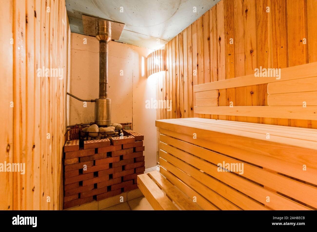 Russia, Moscow- August 05, 2019: interior room bathhouse, sauna Stock Photo