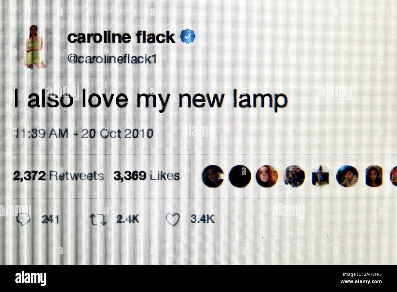 A screenshot of former Love Island host, Caroline Flack's Tweet 'I also  love my new lamp', which she tweeted on 20 October 2010.Early this week,  the court heard that Caroline Flack hit