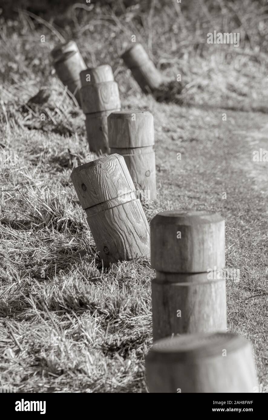 Misaligned timber bollards at public car park in Cornwall. Metaphor misaligned, out or order, alignment, bad impact. Colour version available: 2AH8F44 Stock Photo