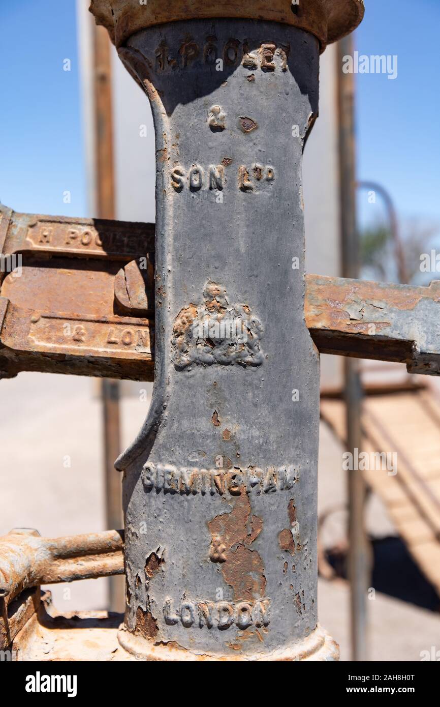The Plaque from a Birmingham and London Steam Engine at the abandoned Humberstone Saltpeter factory in the Atacama Desert, Northern Chile Stock Photo