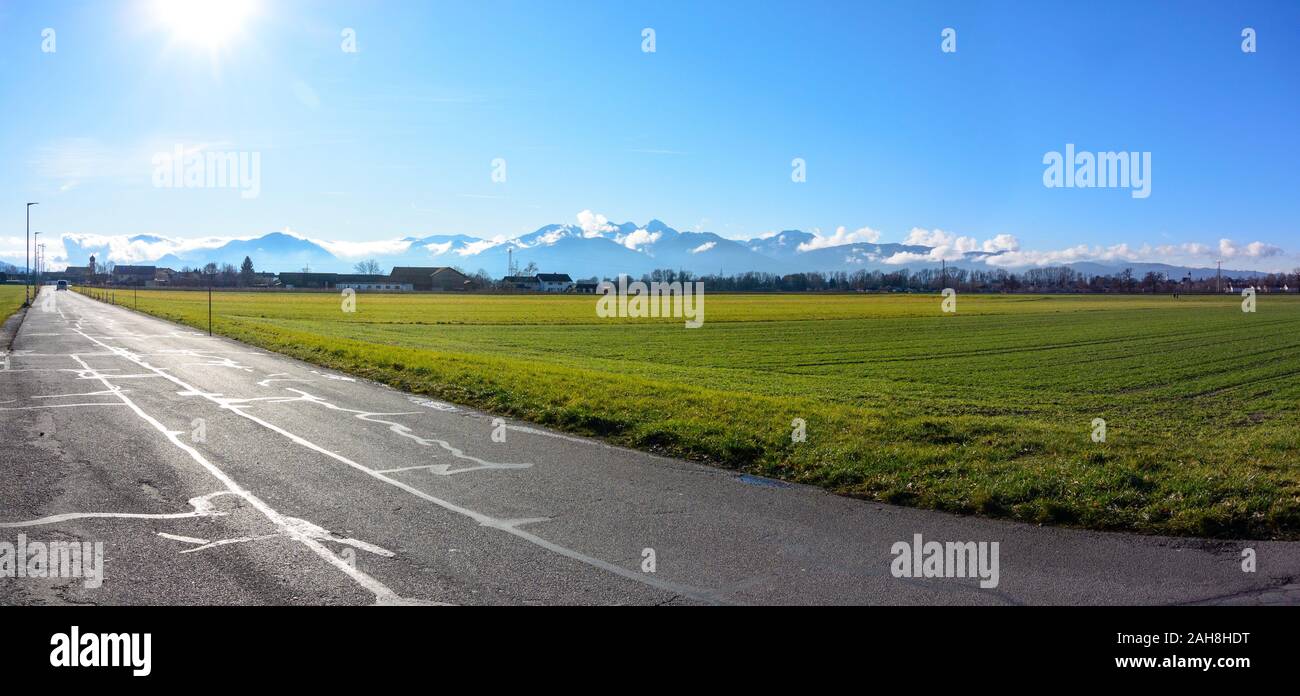 Alps mountains panorama view,  Wendelstein mountain, blue sky, clouds. By Rosenheim, Bavaria, Bayern, Germany Stock Photo