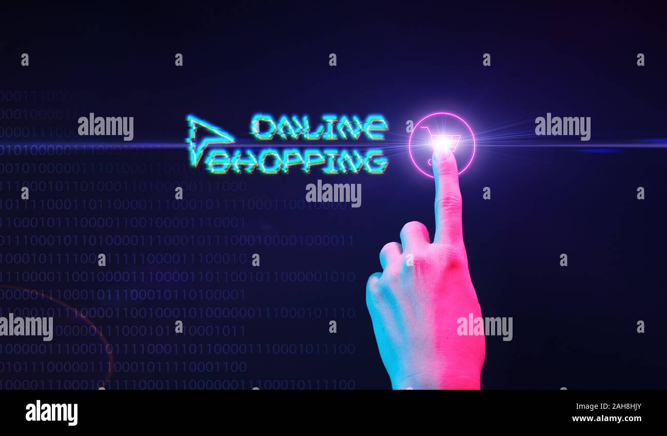 Hand click on button at web. Online shopping concept in modern neon color. Stock Photo