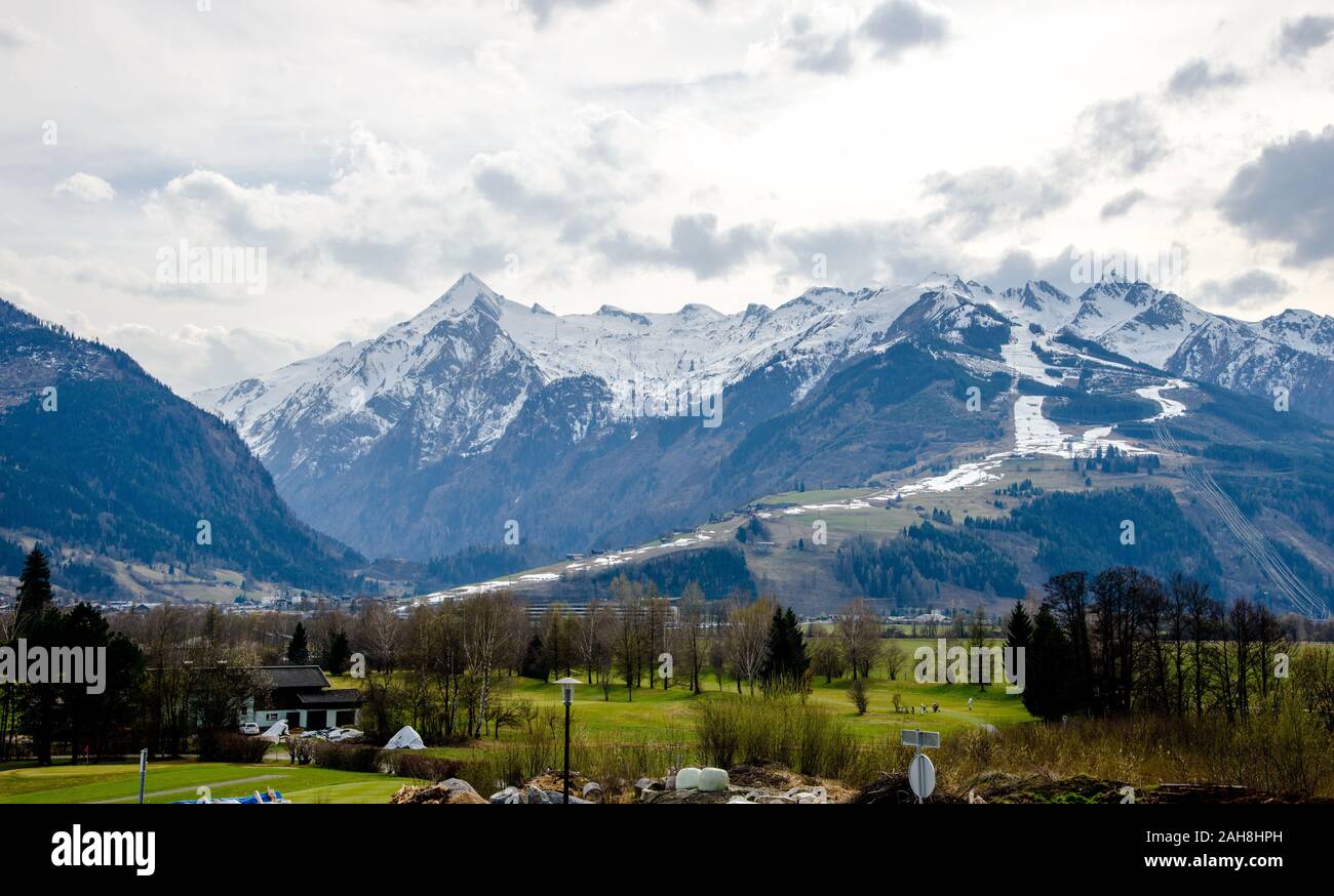 Evening alps in Winter, earlier spring. Austria, Salzburger land nearby  Zell am See, border with Tirol Tyrol Stock Photo