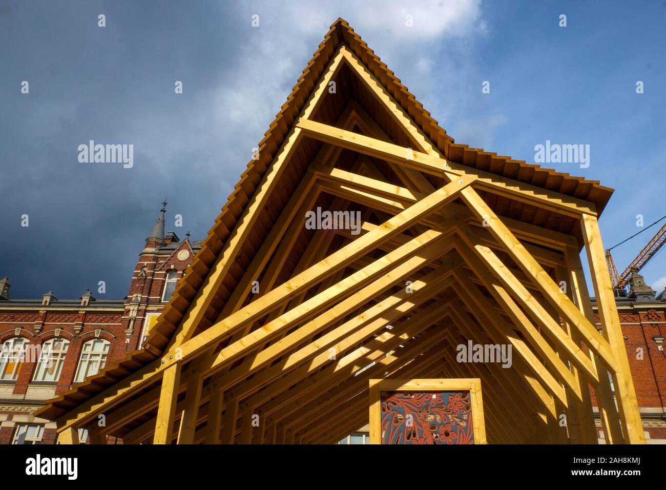 Wooden structure outside Design Museum (Designmuseo), Helsinki, Finland Stock Photo