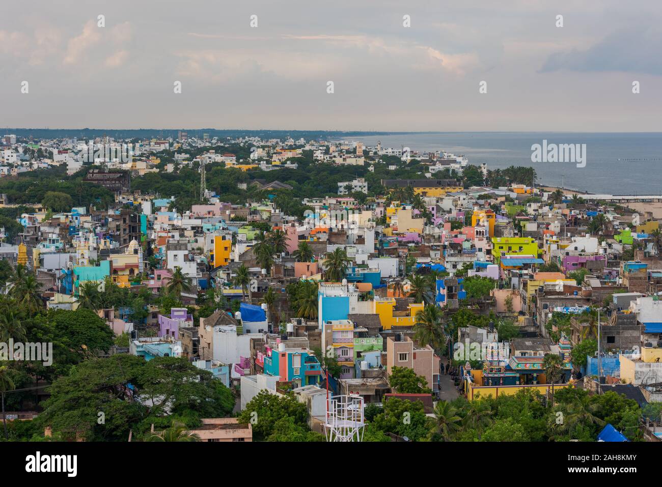View from the top of the new lighthouse of Puducherry in South India over the city on overcast day Stock Photo