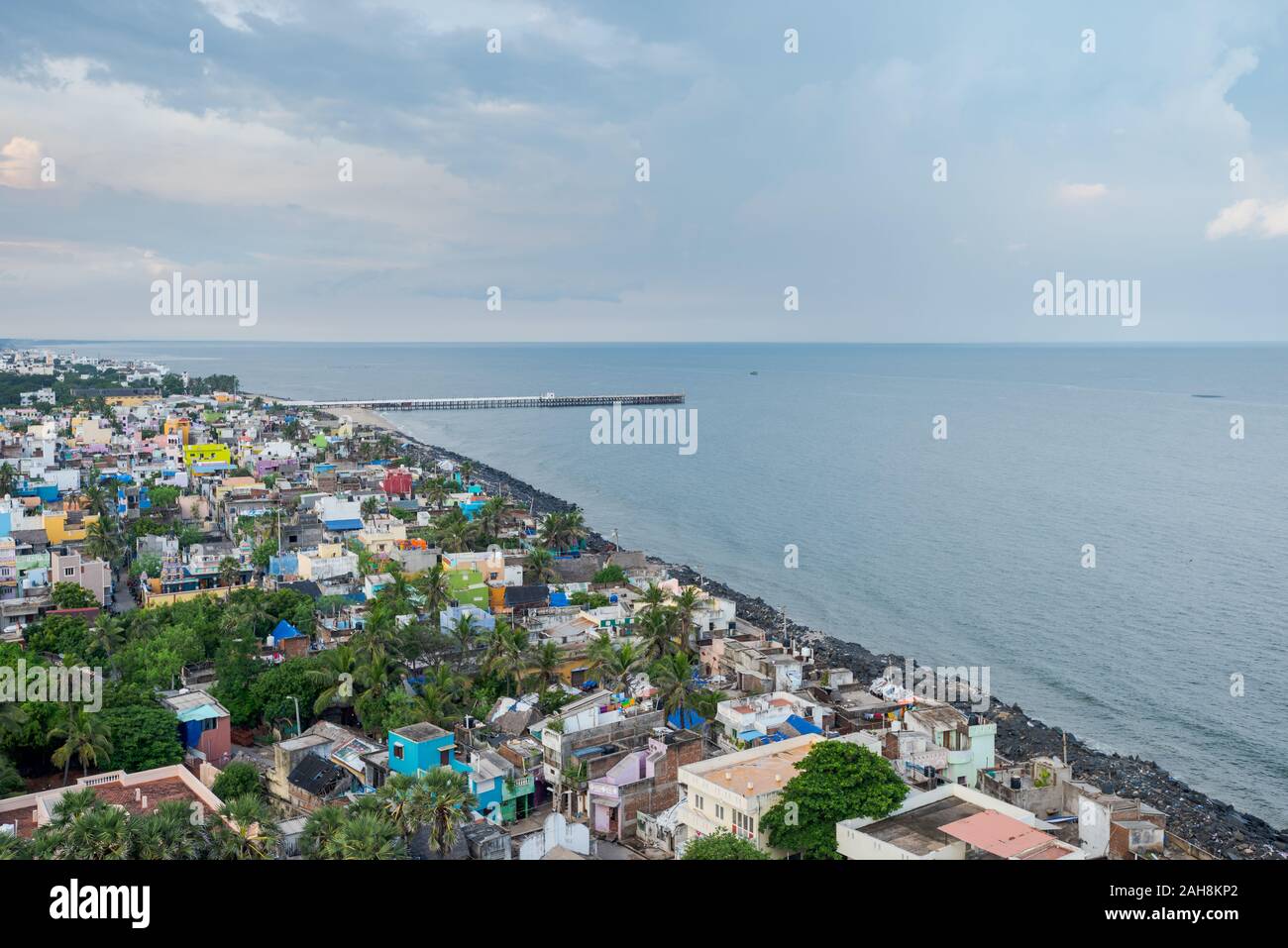 View from the top of the new lighthouse of Puducherry in South India over the city on overcast day Stock Photo