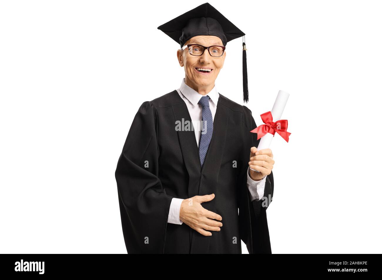 Senior male graduate holding a university degree isolated on white ...